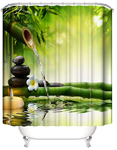 EZEZWSNBB 4 Pcs Ensemble Rideau de Douche Salle de Bain Bambou Vert et Zen Rideau de Douche + Tapis Contour WC +Tapis de Bain Antidérapant+ Couvre Couverture de Toilette Siège