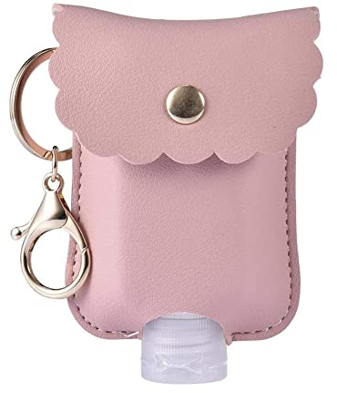 Portable Squeeze Bottle with Leather Case Keychain-Empty Leakproof Plastic Travel Bottle-Leather Keychain Holder for Hand Sanitizer-Refillable Bottle Clips-for Travel Sports Outdoor (Pink)