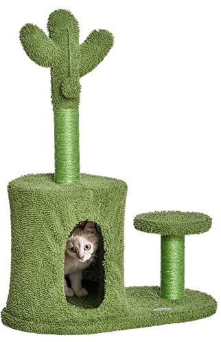 PawHut Albero per Gatti a forma di Cactuscon Lettino con Corda Sisal, Palline e Cuccia, Torre per Gatti in Truciolato e Ciniglia, 60x35x78cm, Verde