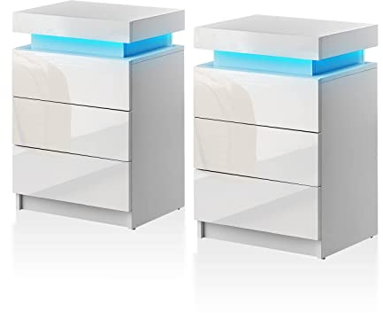 TUKAILAi Set of 2 Bedside Table with 3 Drawers and Top Storage, White High Gloss Front Bedroom Cabinet with LED Light, Nightstand Chest of Drawers for Bedroom Living Room