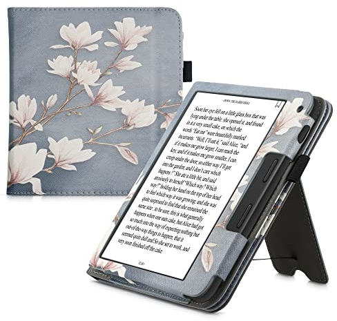 kwmobile Flip Cover kompatibel mit Tolino Vision 6 - Hülle mit Handschlaufe Magnolien Taupe Weiß Blaugrau