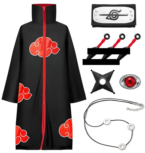 Kitimi Akatsuki Mantel für Kinder Erwachsener, 8 Stück Unisex Itachi Kostüm Anime Cosplay, Halloween Umhang mit Stirnband Ring Halskette Zubehör, Junge Cosplay für Karneval Halloween Weihnachten Party
