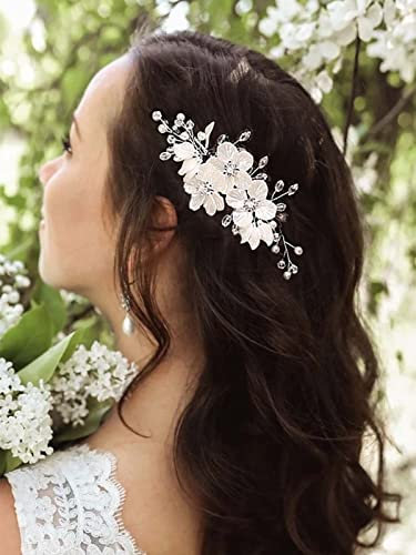 Bufenia Pinces à Cheveux de Mariage avec Fleurs Blanches - Accessoires en Argent avec Feuilles et Strass pour Femme