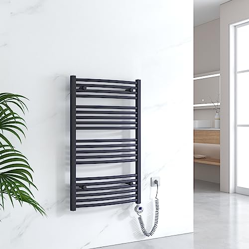 EMKE Handtuchheizkörper Elektrisch 1200 x 600 mm, Gebogen Badheizkörper Elektrisch mit Thermostat, Handtuchtrockner Handtuchwärmer mit Timer Anthrazit 600W