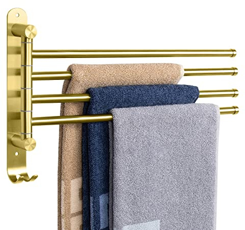 NearMoon Swivel Towel Rack, Thicken SUS304 Stainless Steel 4-Arm Towel Bar, Space Saving Wall Mounted Towel Holder with Hook, Rustproof Swing Out Towel Hanger for Bathroom, Kitchen (Brushed Gold)