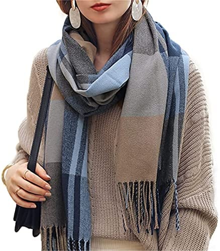 Jacyren Damen Schal XXL Warm Weich Strickschal Kariert Deckenschal Herbstschal Winterschal Frauen Wolleschal Karo Halstuch Scarf Poncho Cape (Blau)