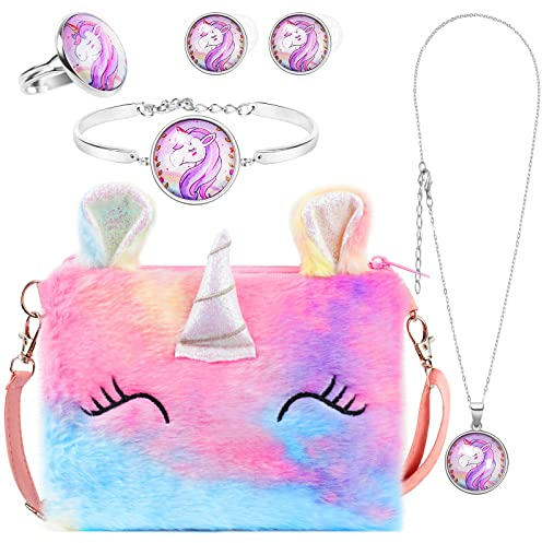 OSDUE Plüsch Einhorn Handtaschen, Schmuckset für Mädchen, Unicorn Kette Halskette Armband Ring Schmuckset, für Party Dress Up Geschenk