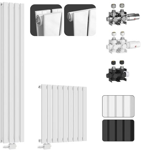 Aquamarin® Radiateur Vertical - Vanne de Tête TRV, 1600x304x69 mm, Panneau Plat Double, 8 Colonnes, Montage Mural, Acier, Blanc - Chauffage Central, Salle de Bain, Seche Serviette