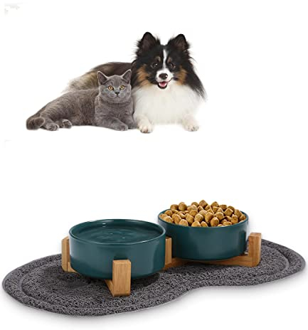 Zawaer Gamelle Sureleve 2x400ML Ceramique Bol AVCE Support Tapis Antidérapant pour Chat Chien (Vert)