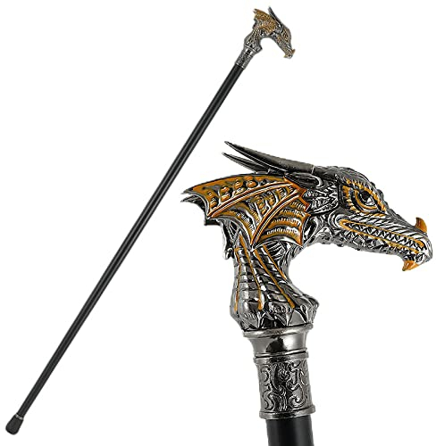 Gehstock, 93 cm Gold Schwarz Drachenkopf Gentleman Spazierstock Mode Stock Halloween Cosplay Crosier Stick Requisiten Zepter Höhenverstellbar