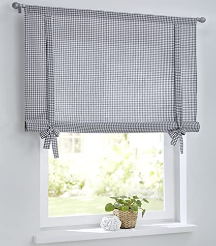 Cottage Kariertes Raffrollo Raffgardine mit Tunnelzug für Gardinenstangen, Landhaus-Gardine Küche Karo weiß-grau, Bindegardine, Rollgardine, Breite 60 cm x Höhe 100 cm