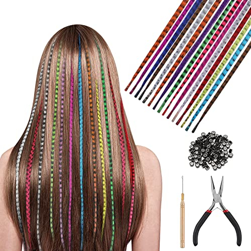 HIFOT 25pcs Bunte Feder Haarverlängerungs Set, Kunst haare Extensions Haarsträhnen Kinder, Feder Haarschmuck Haarteil Zange Häkchen mit 100 Perlen Ponytail Braids Extension Haarverlängerungs Clip