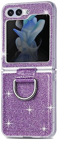 Glitter Case for Samsung Galaxy Z Flip 5 5G, Slim-Fit Soft Silicone TPU Protective Case with Ring Holder Kickstand Shockproof Bling Folding Phone Cover for Samsung Galaxy Z Flip 5 5G - Purple