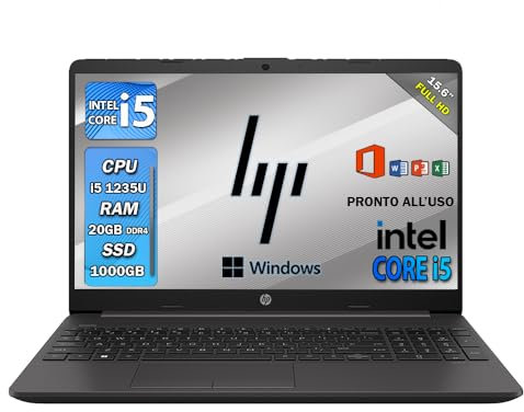 HP 250 G10, Notebook i5 20gb ram, 1334U, SSD 1 Tb, Display 15.6 FHD, Windows 11 Pro, Office Pro, Pc portatile pronto all'uso (Omaggio Custodia pc/Supporto smartphone)