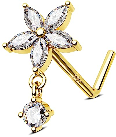 Jewseen 14K Solid Gelbgold Blume Nasenring Studs Nase Stud 20G L Shaped Nase Schraube Nase Knochen CZ Nase Piercings mit Dangle für Frauen Männer