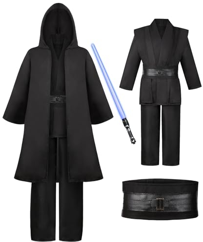 Jedi Kostüm für Herren mit Blau Lightsaber, Obi Wan Kenobi Tunika Kapuzenmantel Outfit Umhang mit Kapuze Mittelalterlich Hoodies Jedi Robe Cosplay Set für Männer Halloween Karneval G060M