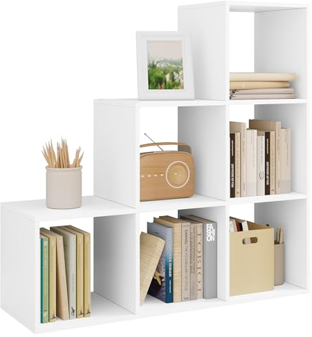 WOLTU Bibliothèque à 6 Compartiments Bibliothèque Étagère de Rangement Meuble de Rangement Étagère Escalier, en Bois d’ingénierie, Blanc, pour Salon Chambre Bureau 90x29x90cm, RGB43ws