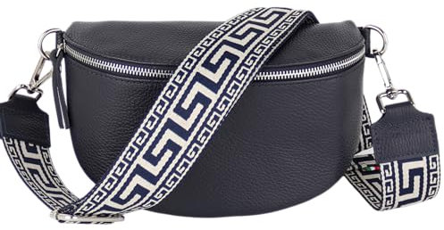 MIRROSI® Bauchtasche Damen, Echtleder, Made in Italy, Umhängetasche, Brusttasche, Crossbody Bag (1 Tasche & 2 Gurte) (Navy (NN Navy), Große Tasche (28x18x9cm))