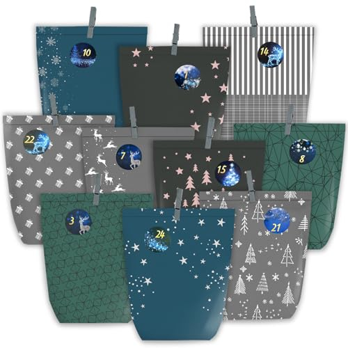 PANSIBY Adventskalender zum Befüllen, 24 Papier Adventstüten zum Selber Basteln für Weihnachten, Papiertüten mit Zahlenaufkleber zum Aufstellen
