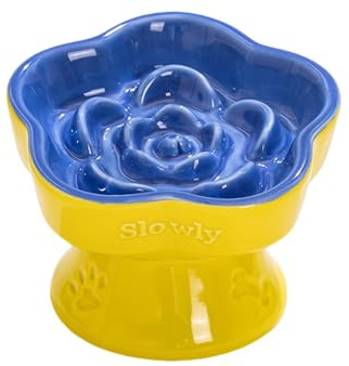 Aquainno Ceramic Raised Slow Feeder Cat Bowl, Elevated Tilted Anti-Vomiting Pet Bowl for Cats & Small Dogs - Cute Flower Design, Non-Slip Base, Shallow Wide Dish for Dry/Wet Food (Blue, 5.8 Inch)