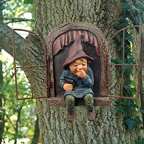 Nains de jardin résistants aux intempéries - Statue de tronc d'arbre - Décoration de fenêtre - En résine - Magnifique sculpture de jardin - Décoration de jardin - Figurine décorative miniature pour