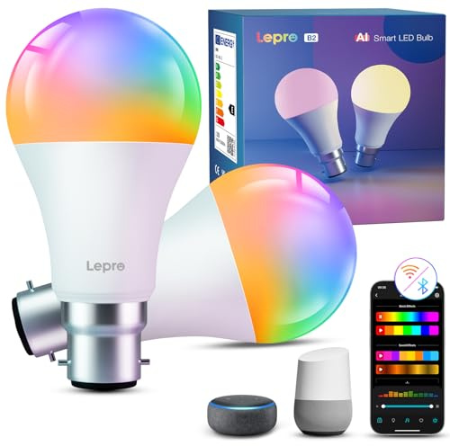 Lepro AI Smart Bulb B22, 1100lm WiFi Bulb, Music Sync Colour Changing Light Bulbs, Personalized AI Lighting Designer, Dimmable, Voice Control, Works with Alexa & Google Assistant, 2 Packs