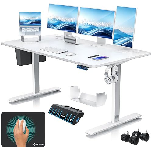 KESSER® Höhenverstellbarer Schreibtisch elektrisch 160cm x 70cm | Ergonomisch Steh-Sitz Schreibtisch | 3-Funktions-Memory Steuerung | Inkl. 360° Rollen & USB-Ladeanschluss Computertisch für Homeoffice