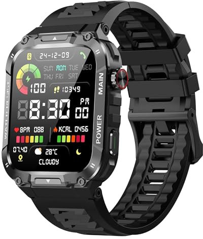 Military Smart Watch for Men 1.96 Inches Outdoor Sports Smartwatch with Answer/Make Call,Fitness watch,Blood Oxygen,Heart Rate and Sleep Monitor Compatible with iPhone and Android Phones (Black)