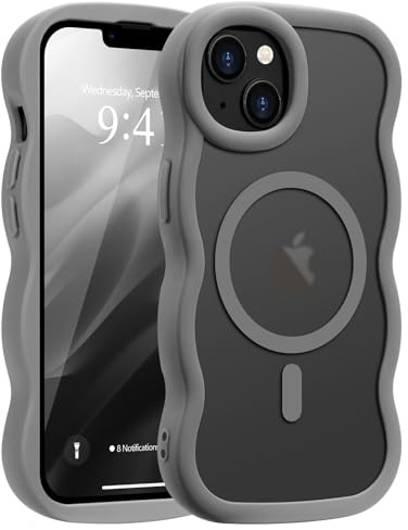 Pepmune Magnetic for iPhone 14/13 Case [Compatible with Magsafe] Translucent Matte Cute Curly Wave Frame Phone Case,Soft TPU Bumper Slim Fit Shockproof Protective Cover for Men Women-Grey