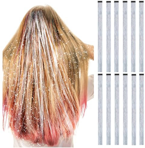 12 Stück Glitzer Haarsträhne Strähnen Haare Hochglitzernde Draht Haarverlängerungen für Mädchen Hitzebeständiges Haarlammetta Silber Tinsel Haare Extension 9 Zoll Glitzer Haarsträhnen Lametta