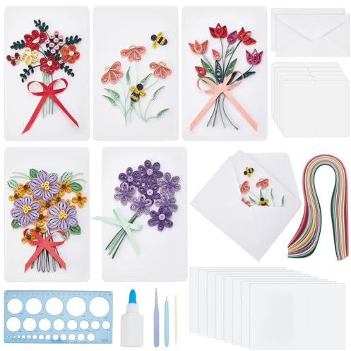 WEBEEDY 20 Set Papier Quilling Kit Für Erwachsene Anfänger DIY Geburtstagsblumen Quilling Karten Kit 5 Stile Geburtstagsgrußkarten Bastelset Mit Anleitung Für Freunde Und Familie