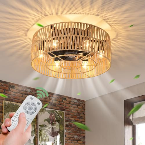 Ganeed Caged Ceiling Fan with Lights Boho Style Rattan Ceiling Lighting 50cm Industrial Farmhouse Lamp E27 Flush Mount with Remote Control White 6 Lights