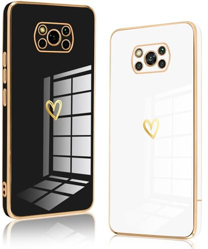 Vauki 2 Pack Funda para Xiaomi Poco X3 NFC/X3/X3 Pro, Carcasa con Amor Corazón, Suave Silicone TPU Soft Case Love Patrón Aesthetic Anti-Arañazos Anti-Choques Bumper Cover Niños y Niñas, Negro y Blanco