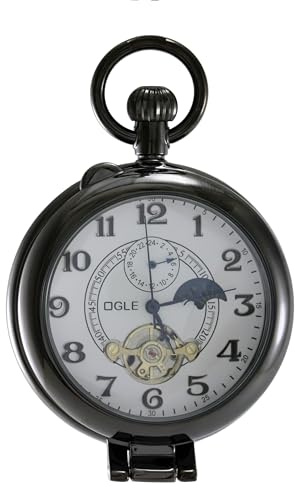 Ogle Waterproof Silver Magnifier Tourbillon Phases Moon Chain Fob Self Winding Automatic Skeleton Half Hunters Mechanical Pocket Watch