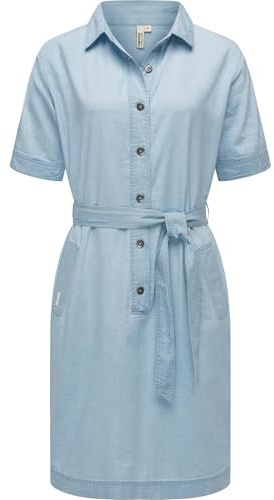 Ragwear Damen Sommerkleid Kurzarm Midikleid in Denim-Optik mit Haifisch-Kragen und Taillenband Rozyna Denim YOUMODO XS-3XL