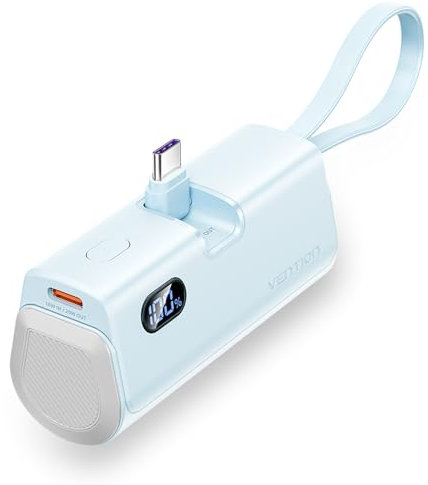 VENTION Mini Power Bank de 4800 mAh con cable de tipo C y Lightning integrado, carga rápida de 22,5 W, pantalla LED de salida dual, batería portátil para iPhone 16/15/14 AirPods (azul)