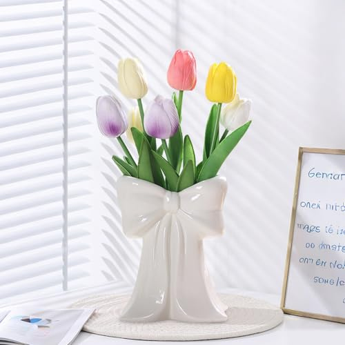 Keramik Vase mit Schleife, Klein Schleife Blumenvase Porzellan, Schlafzimmer Deko Moderne Trockenblumen Dekovase, Deko Aesthetic Trendige Blumenvasen für Frische Blumen Wohnzimmer Tischdeko (Weiß)
