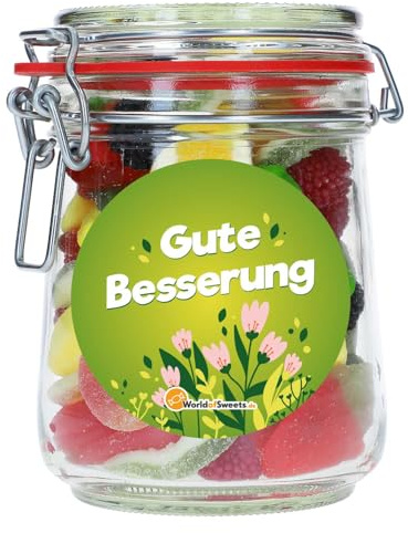 World of Sweets Gute Besserung Süßigkeiten Glas 500g – bunte Fruchtgummi-Mischung im Glas – liebevolle Geschenkidee, kleine Aufmerksamkeit & Aufmunterung