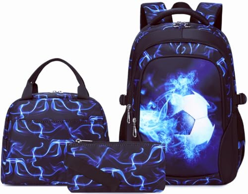 SOMBLG Schulrucksack Jungen Teenager Rucksäcke Kinder Schulranzen Grundschule Mittel Buchtasche Große Wasserfest 18 Zoll Mittagstasche 3 Pcs (1-Blau Fußball Set)
