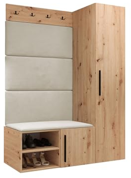 Mirjan24 Garderoben-Set Mapreni II, Schuhschrank + Kleiderhakenbrett + Kleiderschrank Gepolstertes Paneel/Wandpaneel Kleiderhaken Flurgarderobe Wandgarderobe (Artisan Eiche, Manila 02)