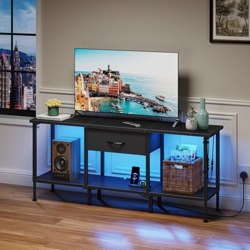 OYRREU TV Stand Cabinet LED for 55 50 Inch, TV Unit with Socket, USB Slots | TV Cabinet with Fabric Drawer and Open Shelves, 120 cm TV Stand, Entertainment Center for Living Room Bedroom, Black