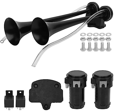 YolieraArt 130dB Dual Trumpet Air Horn with Compressor, 12V Loud Metal Train Horn for Trucks, Yachts