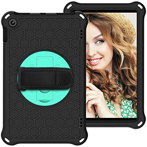 Tablet-Schutzhülle für Kindle Fire HD 25,4 cm (10 Zoll) 2018/2017/2019, mit drehbarem Ständer, robust, stoßfest, drehbar, Handgriff, Schultergurt (Schwarz + Aqua)