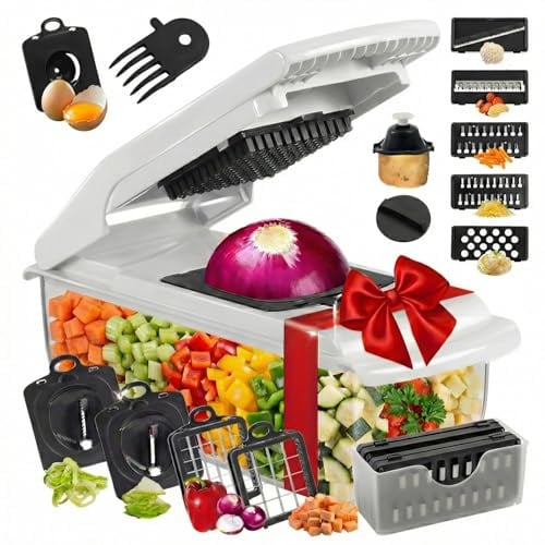 Gemüseschneider Manuell 22-in-1 – Zwiebel Zerkleinerer, Würfelschneider, Gemüsehobel, Spiralschneider Gemüse, Julienneschneider, Tomatenschneider & Zerkleinerer Manuell | Küchenzubehör aus Edelstahl