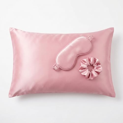 Taie d'oreiller 50 x 70 cm, soie de mûrier 100%, Ensemble taie d'oreiller, Chouchou, Masque de nuit 3 pcs. Couleur rose. Certifiée OEK-TEX®, Ensemble taie oreiller enveloppe, taies d'oreillers en soie