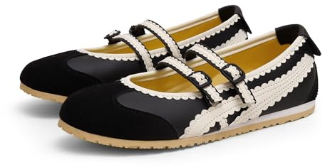 Adolilove Fashion Sneakers for Women Ballet Flats Mary Jane Walking Shoes Slip On with Memory Foam Insole with Elastic Straps Casual Comfortable, Black White, 8.5