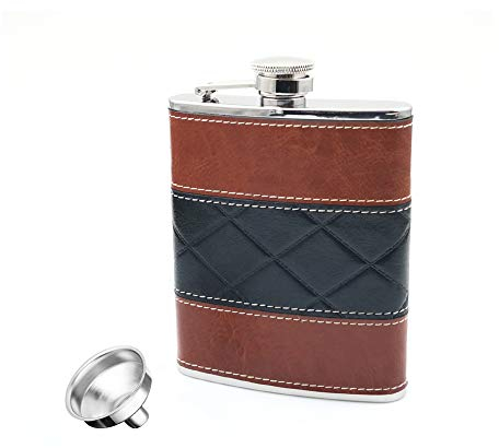 iSavage 6oz Black and Brown Red Leather Wrapped Hip Flask with a Funnel 18/8 Stainless Steel-YM135