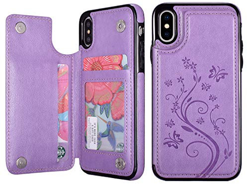 UEEBAI Case for iPhone XS Max,Luxury PU Leather Case [Two Magnetic Clasp] [Card Slots] Stand Function Butterfly Flower Pattern Durable Soft TPU Shockproof Wallet Cover for iPhone XS Max - Purple
