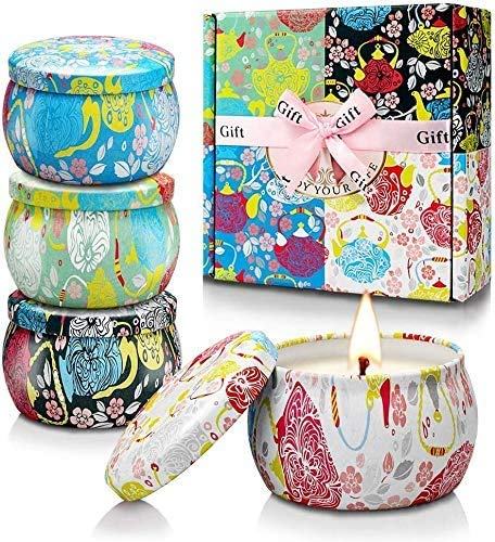 Duftkerzen Geschenkset,4St. 4.5OZ Natürliches Sojawachs Aromatherapie Kerzen mit anhaltendem Wach tragbare Reise Zinnkerzen für Stressabbau und Entspannung des Körpers für Frauen