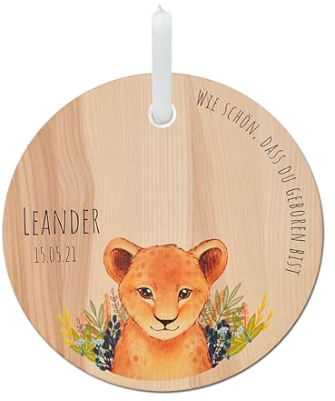 LOOXIS Personalisierter Geburtstagsteller für Kinder mit Namen bedruckt – 20cm, inkl. Kerze, Eschenholz – Geschenkidee Jungen, Mädchen, Geburt, Taufe, Kindergeburtstag – Motiv: Löwe
